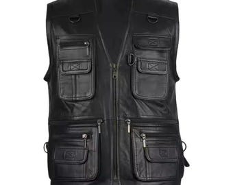 Men's black Multi Pocket Safari Real Leather Biker Vest: Handmade Motorcycle Jacket