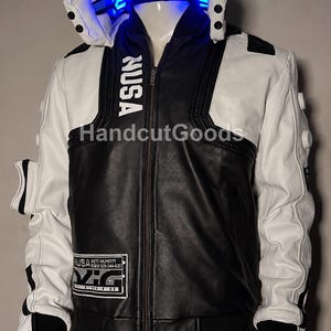 Cyberpunk V Infiltrator Inspired Leather Jacket | White Cyberpunk 2077 Cosplay Costume Outfit LED Collar image 7