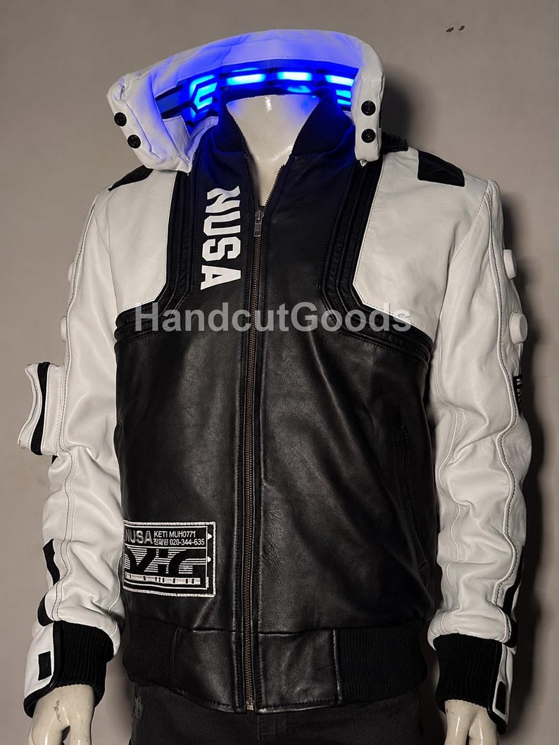 Cyberpunk V Infiltrator Inspired Leather Jacket | White Cyberpunk 2077 Cosplay Costume Outfit LED Collar image 7