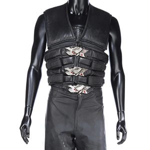 Men’s Halloween Cosplay Black Real Leather Vest with Metal Tactical Buckles Snipes Hunter Inspired Vest