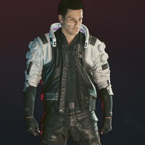 May include: A futuristic jacket featuring a black quilted core with white sleeves and shoulder panels. The garment includes a high, light-up collar, circular shoulder accents, and black tactical-style trousers with integrated straps and dark gloves.