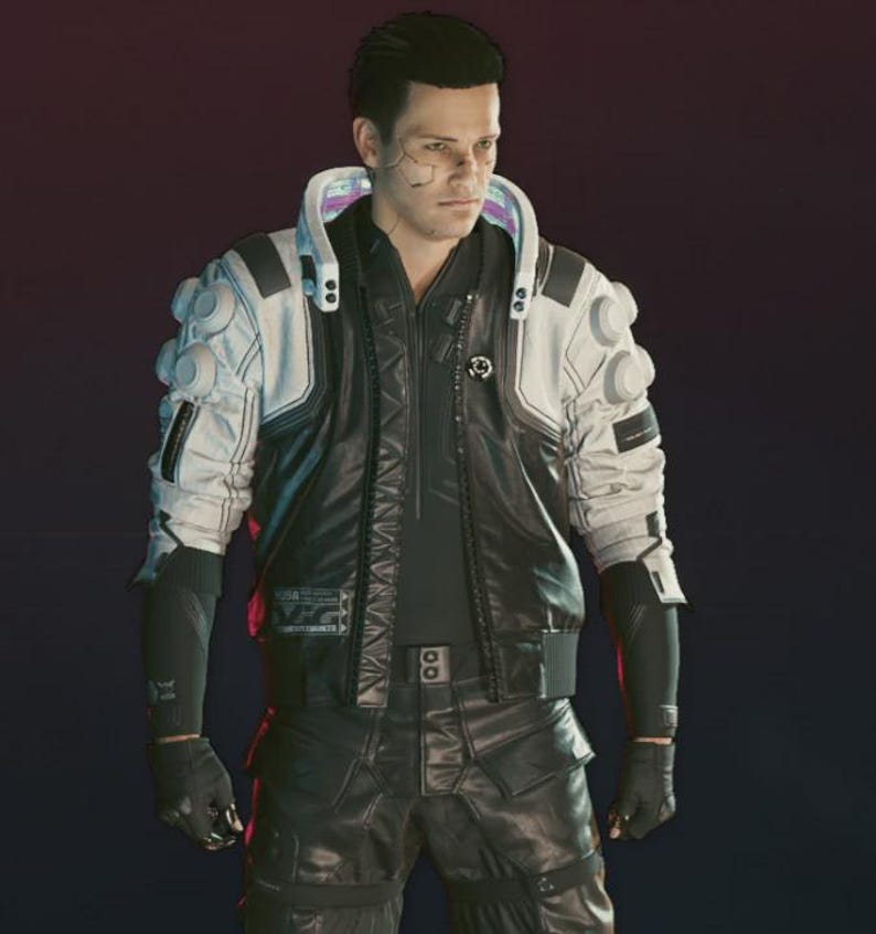 May include: A futuristic jacket featuring a black quilted core with white sleeves and shoulder panels. The garment includes a high, light-up collar, circular shoulder accents, and black tactical-style trousers with integrated straps and dark gloves.