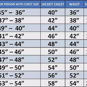 May include: A size chart for jackets, with measurements in inches. The chart includes sizes from XXS to 5XL, detailing chest size, jacket chest, waist, shoulder, sleeves, and length measurements.