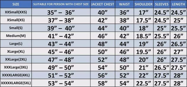 May include: A size chart for jackets, with measurements in inches. The chart includes sizes from XXS to 5XL, detailing chest size, jacket chest, waist, shoulder, sleeves, and length measurements.