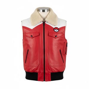 Könnte beinhalten: Rote Lederweste mit weißem Joch und cremefarbenem Shearling-Kragen. Mit schwarzem Reißverschluss, zwei Vordertaschen und schwarzem Rippsaum. Ein kreisförmiger Aufnäher mit einem Pokeball-Design befindet sich auf der Brust.