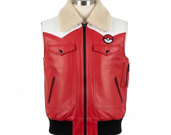 Men’s Halloween Cosplay Inspired Pokémon Master Vest Sleeveless Anime Gamer Costume Outfit Fur Collar