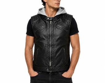 Men’s Black Real Leather Hooded Biker Vest – Sleeveless Motorcycle jacket with Gray Hoodie gift for him