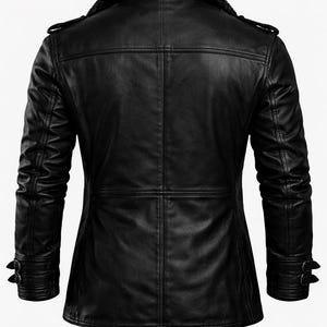 May include: Black leather jacket with a faux fur collar. The jacket features a tailored fit, buttoned cuffs, and shoulder epaulettes. The back view showcases the jacket's seams and design details, perfect for a stylish look.
