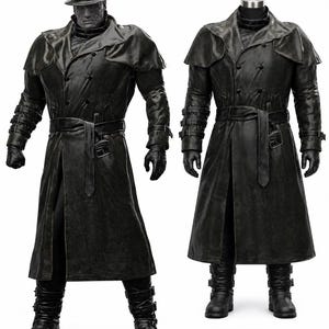 May include: Two black leather trench coats with matching hats, gloves, and boots. One coat is on a mannequin, the other on a figure. Both coats have a double-breasted design, belted waist, and shoulder cape.