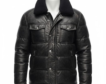 Men's Real Lambskin Leather Puffer Vintage Jacket: Shearling Collar Bomber Winter Coat