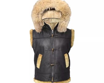 Men’s Aviator B3 Bomber Real Leather Shearling Handmade Vest with Fur Hood
