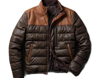 New Men’s Two-Tone Brown Real Lambskin Leather Puffer Jacket Semi Winter Jacket