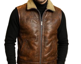 Handmade Real Leather Shearling Vest: Distressed Western Cowboy Style Leather Jacket