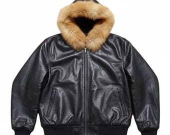 Men's Real Leather Bomber Jacket: Black Quilted Shearling Coat with Faux Fur Hood