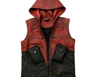Men’s Halloween Cosplay Inspired Tan Red Hood Vest Biker Sleeveless Jacket Costume Gift For Him