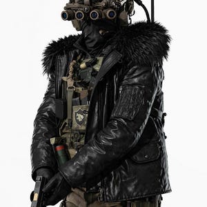 May include: A person in tactical gear, wearing a black leather jacket with a fur collar, a camouflage helmet with night vision goggles, and holding a handgun. The outfit includes a tactical vest, gloves, and camouflage pants. The background is white.