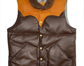 Two-Tone Lambskin Leather Puffer Vest: Handmade Quilted Sleeveless Jacket