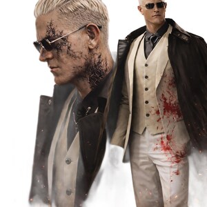 May include: A man with short, bleached blonde hair and sunglasses, wearing a black leather jacket over a cream-colored vest and white pants. The image has a dramatic, action-oriented theme, with blood spatter on the clothing.