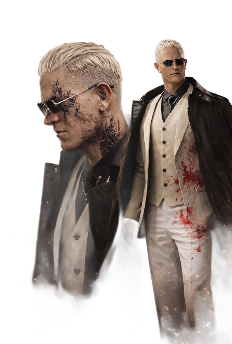 May include: A man with short, bleached blonde hair and sunglasses, wearing a black leather jacket over a cream-colored vest and white pants. The image has a dramatic, action-oriented theme, with blood spatter on the clothing.