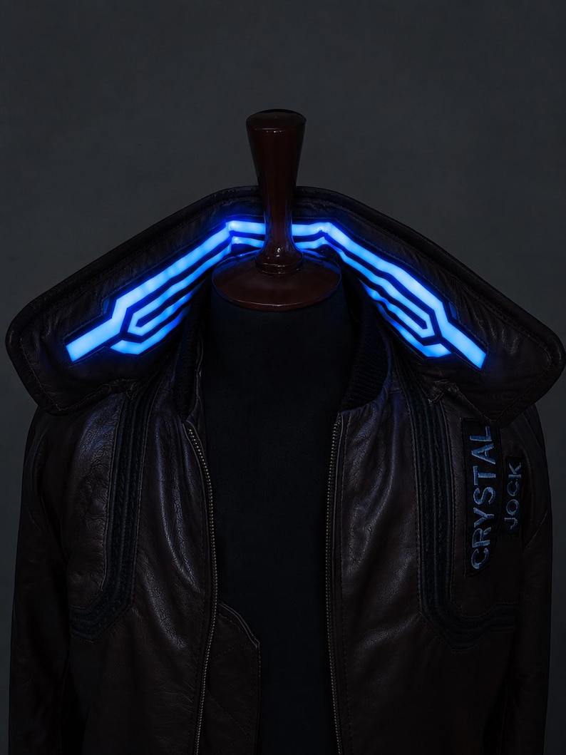 Puede incluir: Una chaqueta de color marr&oacute;n oscuro con un cuello alto que presenta tiras de luz azul brillante integradas. La chaqueta incluye un parche rectangular en el pecho con el texto CRYSTAL JOCK impreso en letras blancas y una cremallera frontal.