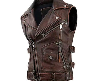 Men's Distressed Brown Lambskin Leather Biker Vest: Vintage Motorcycle Jacket