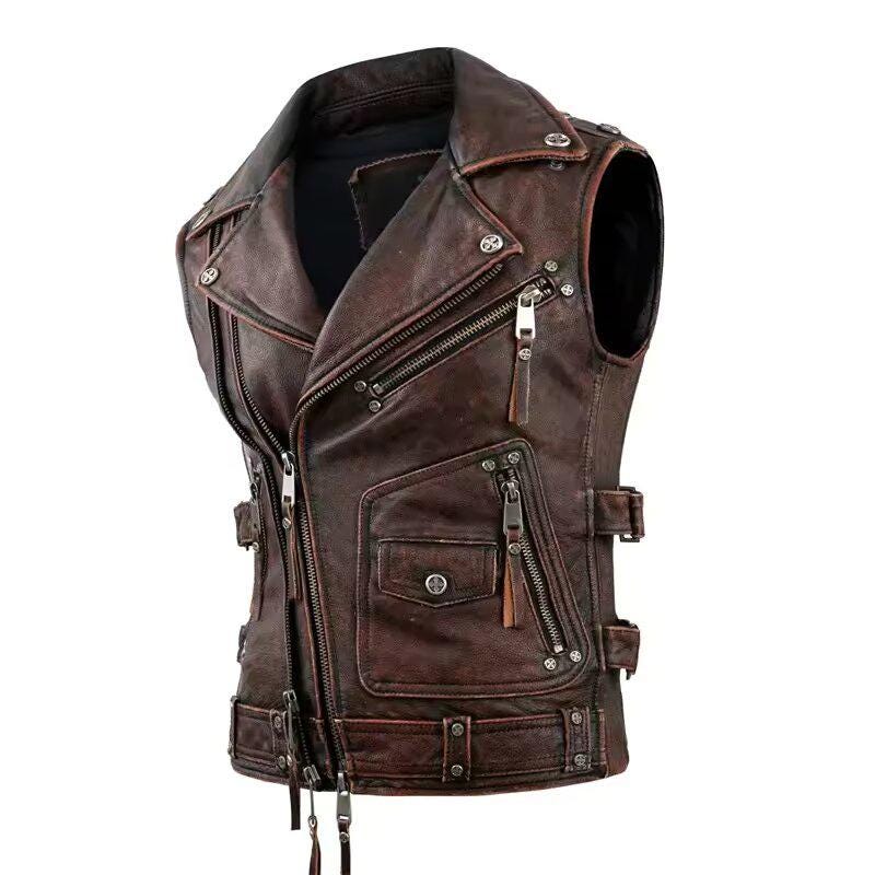Men's Distressed Brown Genuine Leather Biker Vest: Vintage Motorcycle Jacket Gift for him