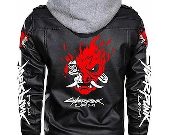 Cyberpunk 2077 Samurai Black Leather Jacket | Handmade Hooded Cosplay Coat Embroidered Patches