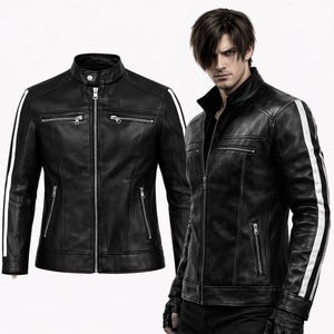 Leon Kennedy Resident Evil Inspired Jacket Black Leather Biker Coat Gaming Cosplay Outfit