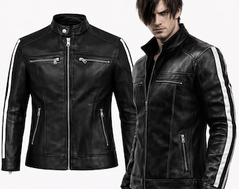 Leon Kennedy Resident Evil Inspired Jacket Black Leather Biker Coat Gaming Cosplay Outfit