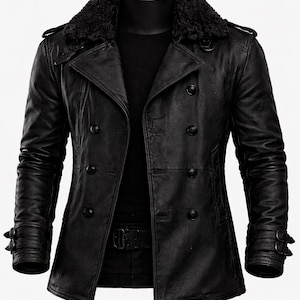 May include: Black leather jacket with a double-breasted design, featuring a faux fur collar and button closures. The jacket has a belt at the waist and buckle details on the sleeves. A classic outerwear piece.
