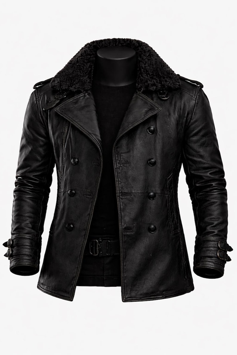May include: Black leather jacket with a double-breasted design, featuring a faux fur collar and button closures. The jacket has a belt at the waist and buckle details on the sleeves. A classic outerwear piece.