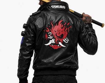 Samurai Real Leather Jacket with LED Collar | handmade Bomber Cosplay Jacket | Cyberpunk 2077