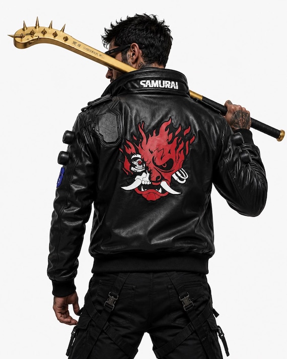 Samurai Real Leather Jacket with LED Collar | handmade Bomber Cosplay Jacket | Cyberpunk 2077