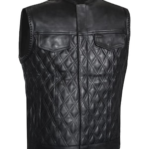 Men&#39;s Padded Black Stitched Leather Concealed Carry Motorcycle Vest – Biker Leather Waistcoat Diamond Quilted Handmade Waistcoat