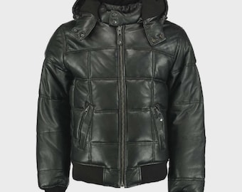 Handmade Real Leather Black Puffer Jacket with Removable Hood