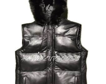 Men's Black Leather Puffer Vest: Handmade Fur Hood Biker Vest
