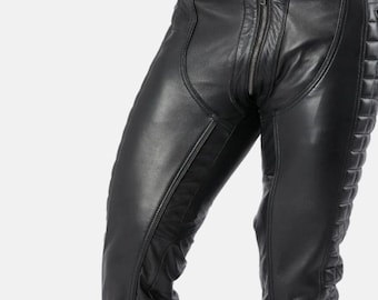 Men's Black Real Leather biker Pants Quilted Panels Exposed Zip Fly BLUF Gay Pants