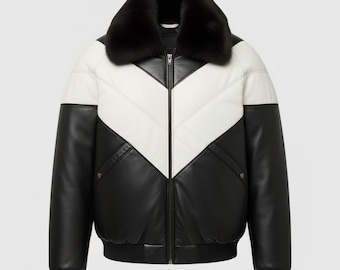 Men's Two Tone Leather V-Bomber Jacket Fur Collar Real Leather Puffer Coat