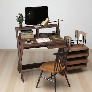 May include: A dark brown wooden desk with a built-in shelf, a computer monitor, and a gold desk lamp. A wooden chair with a light brown seat is in front of the desk. Books, a small plant, and decorative items are on the desk.
