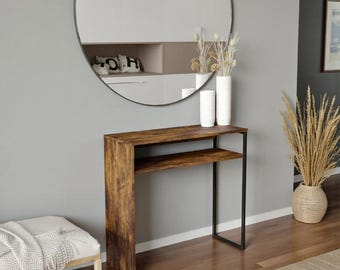 Consola rústica marrón con estructura de acero y estante de almacenamiento – 80 cm