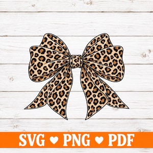 May include: A decorative bow graphic featuring a tan and black leopard print pattern. The bow has two large loops and two long, pointed tails extending downwards, with a small central knot connecting the two sides of the bow design.