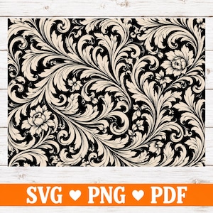 May include: A digital graphic file featuring a repeating damask pattern with intricate, swirling acanthus leaves and floral motifs in a light cream colour set against a solid black background. The design includes the text SVG, PNG, and PDF at the bottom.