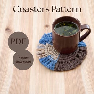 May include: A brown mug filled with tea sits on a handmade coaster. The coaster is a circular design with blue, tan, and brown sections. The image includes the text "Coasters Pattern" and "PDF Instant download".