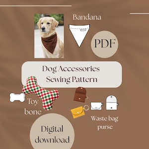 Può includere: Modello di cucito digitale per accessori per cani. Include un bandana, un osso giocattolo e una borsetta per sacchetti per rifiuti. L'immagine mostra un golden retriever con un bandana marrone. Download digitale.