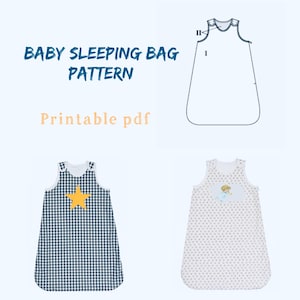 May include: Printable PDF pattern for a baby sleeping bag. The pattern includes instructions for sewing a sleeping bag with a star design and a sleeping bag with a small angel design.