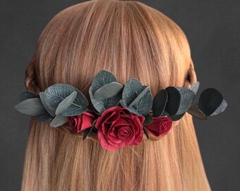 Wedding eucalyptus hair piece burgundy rose comb, floral clip