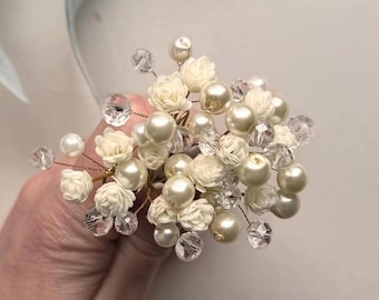 Pearl & Rhinestone Wedding Hair Pins: Ivory Baby's Breath Bridal Headpiece