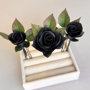 Black Rose Wedding Hair Pins, Gothic Floral Bridal Headpiece for Brides