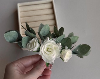 Bridal eucalyptus hair piece ivory rose comb, floral clip