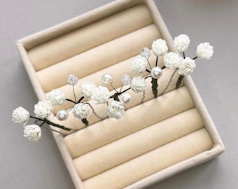 Wedding flower hair pins, pearl piece babys breath, bridal headpiece